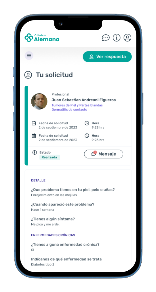 Vista mobile de Ondemand, mostrando el seguimiento de la atención dermatológica.